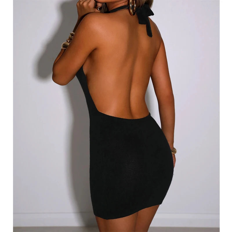 Preto bodycon vestido feminino halter sexy magro oco para fora sem costas mini vestidos de verão quente sem mangas praia festa cortar vestido