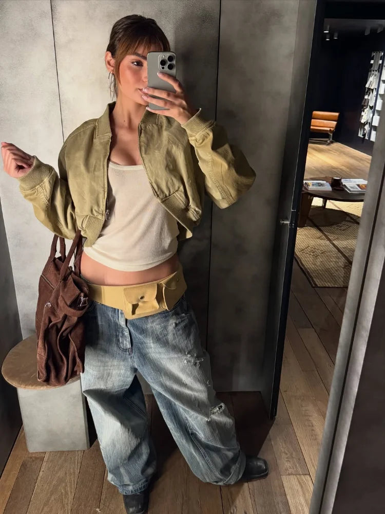 Jaquetas Bomber Cropped Femininas em Caqui com Gola Lapela, Fechamento Total com Zíper, Detalhes de Bolso, Manga Longa, Moda Casual Y2K