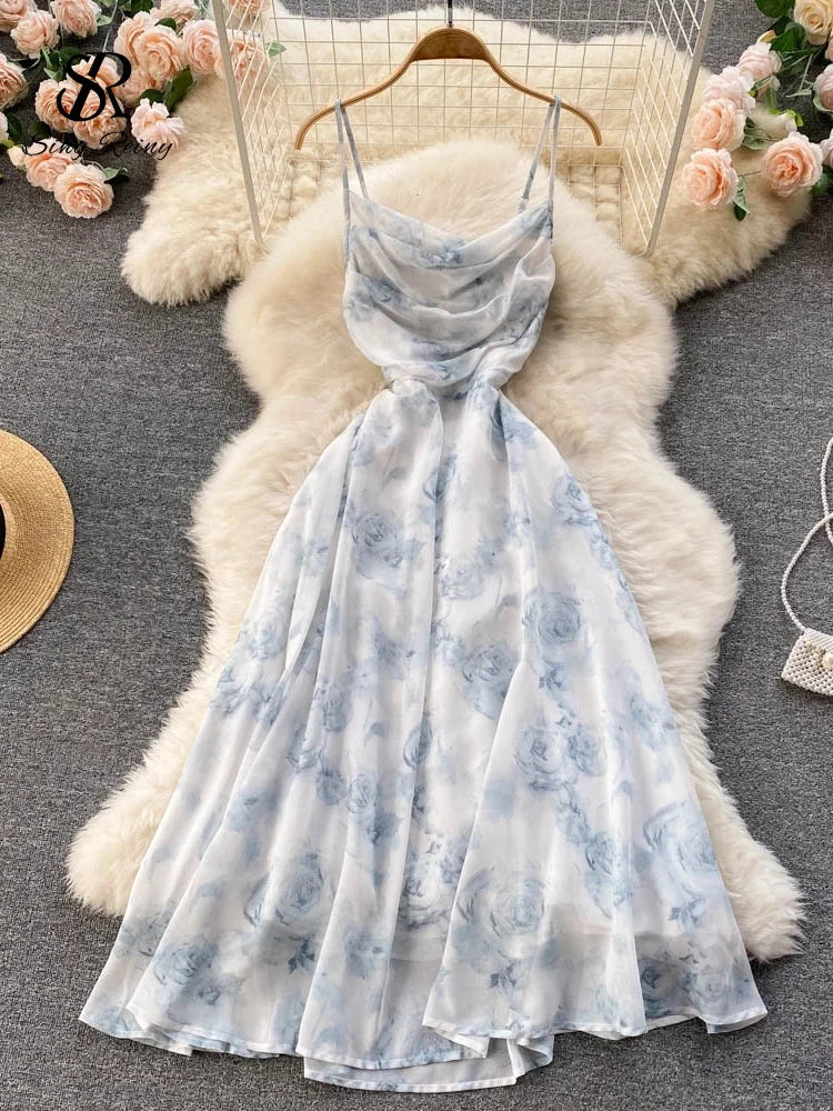 Singiny feminino floral cinta de espaguete vestido elástico ruched sexy oco sem costas vestido de festa verão boho férias praia vestido de verão