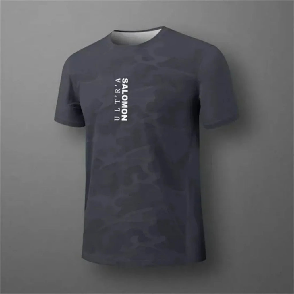 Novo verão respirável e confortável em torno do pescoço camiseta com padrão impresso carta para corrida ao ar livre, topo casual e seco