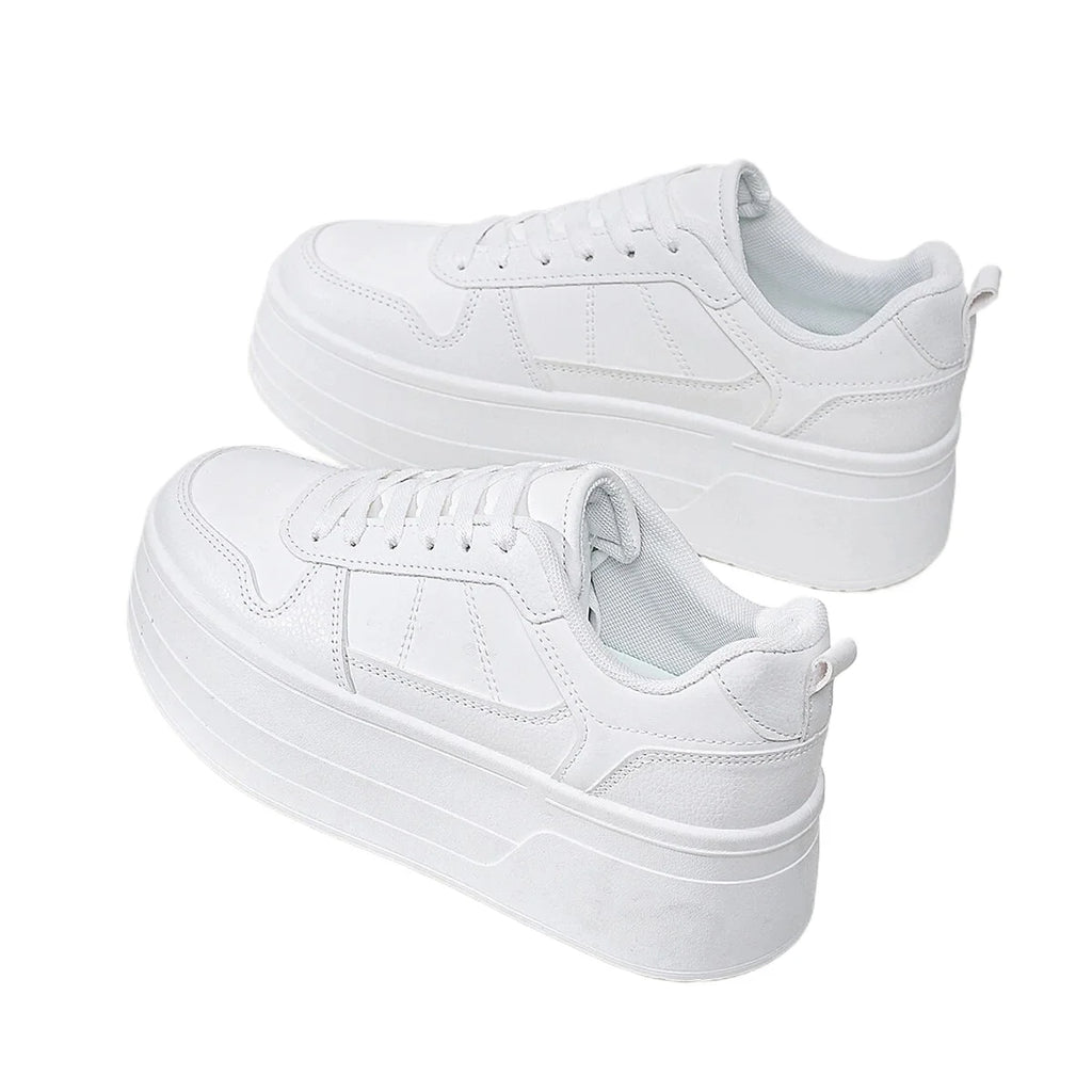 Tenis casual feminino de plataforma, branco, confortável e aumenta a altura em 5cm