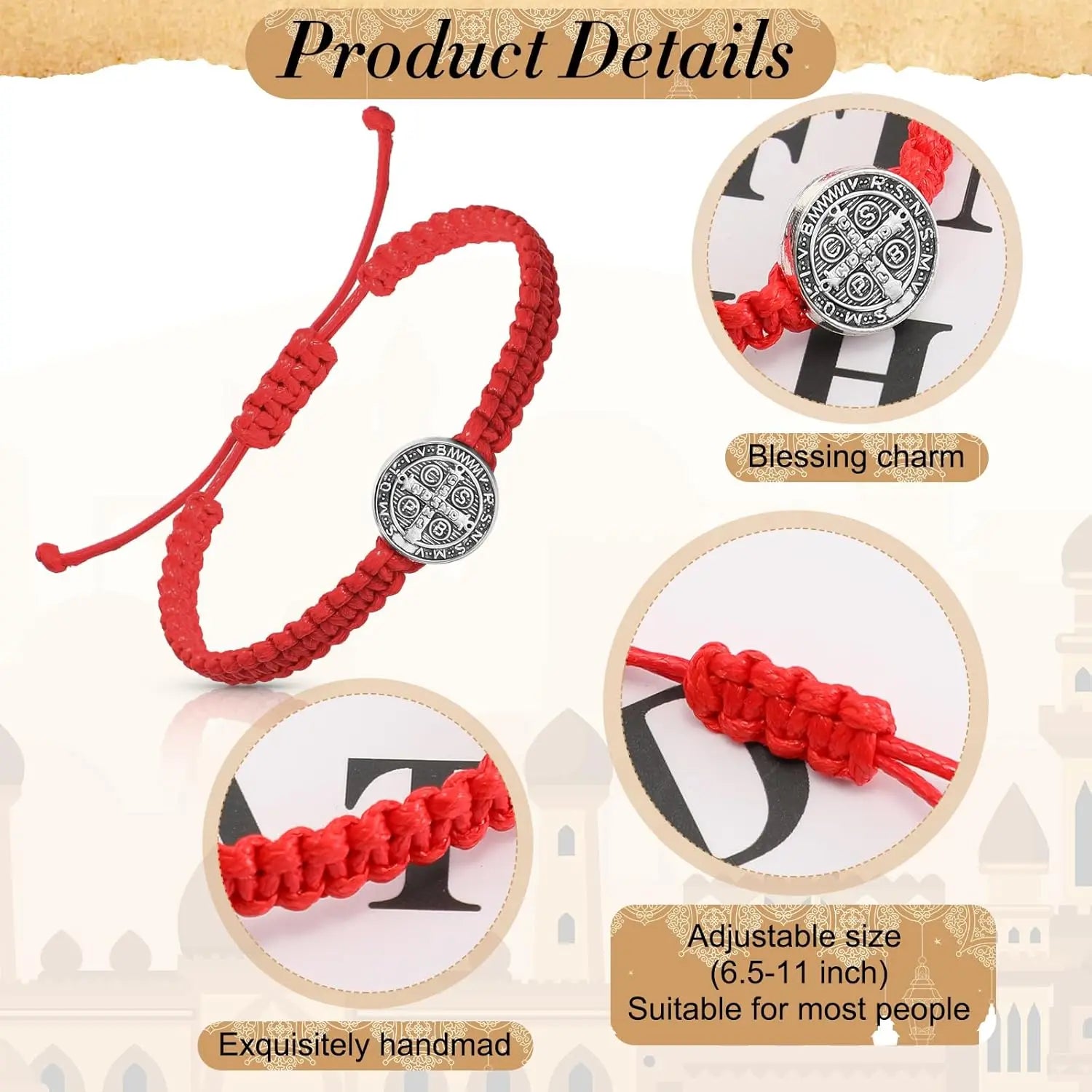 2 peças pulseiras com medalha católica de São Bento, pulseiras ajustáveis de corda preta e vermelha, joias religiosas, presentes para homens e mulheres