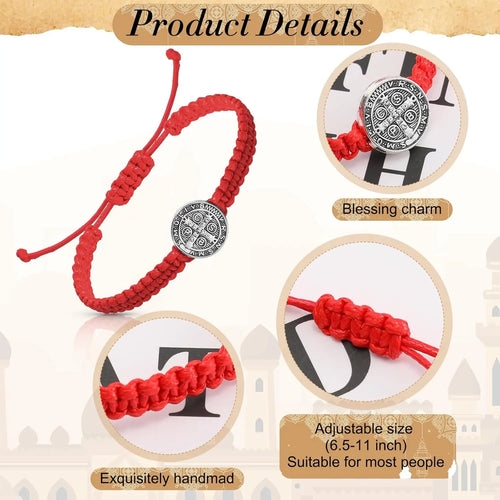 2 peças pulseiras com medalha católica de São Bento, pulseiras ajustáveis de corda preta e vermelha, joias religiosas, presentes para homens e mulheres