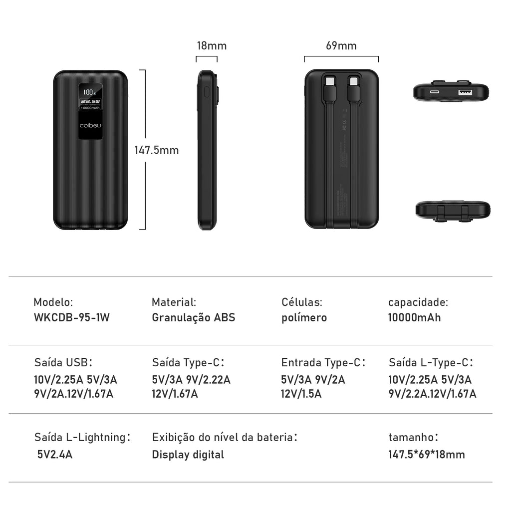 Powerbank， Powerbank 10000mah， Powerbak， Power Bank Portátil， Bateria Portátil， Pilhas Recarregáveis， Coibeu, 23W