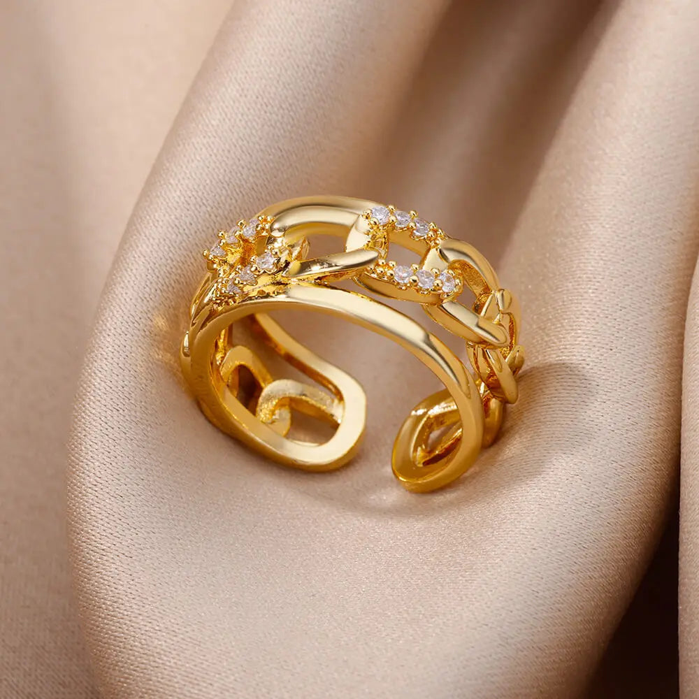 Anéis de cristal de aço inoxidável banhados a ouro para mulheres corrente geometria zircão anel de dedo jóias presente anillos mujer 2025 nova moda