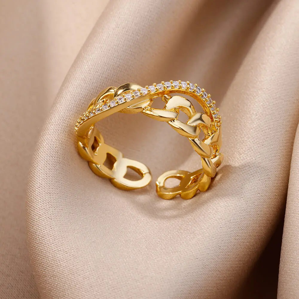 Anéis de cristal de aço inoxidável banhados a ouro para mulheres corrente geometria zircão anel de dedo jóias presente anillos mujer 2025 nova moda
