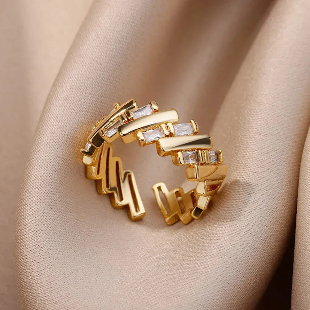 Anéis de cristal de aço inoxidável banhados a ouro para mulheres corrente geometria zircão anel de dedo jóias presente anillos mujer 2025 nova moda