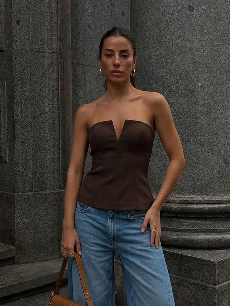 Top Corset Elegante Sem Alças para Mulheres com Decote em V Frontal