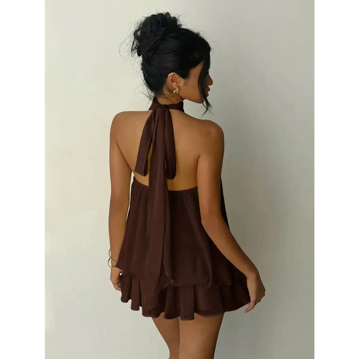 Vestido Feminino Halter Neck, Saia Mini de Chiffon Transparente com Amarração Frontal e Costas Abertas, Vestido de Festa de Aniversário Y2K Vintage Sexy e Moderno