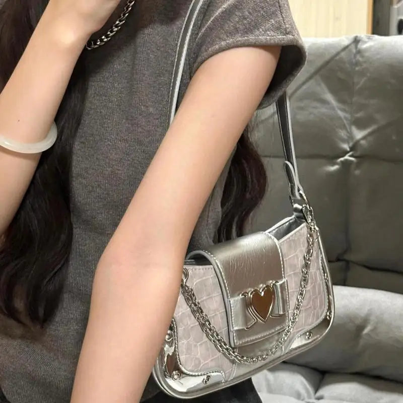 Bolsa Feminina Y2K Vintage com Corrente de Coração