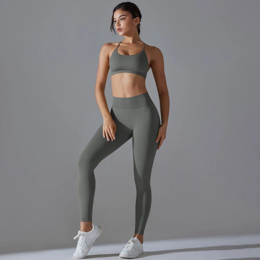 Conjunto fitness sem costura para mulheres top esportivo leggings