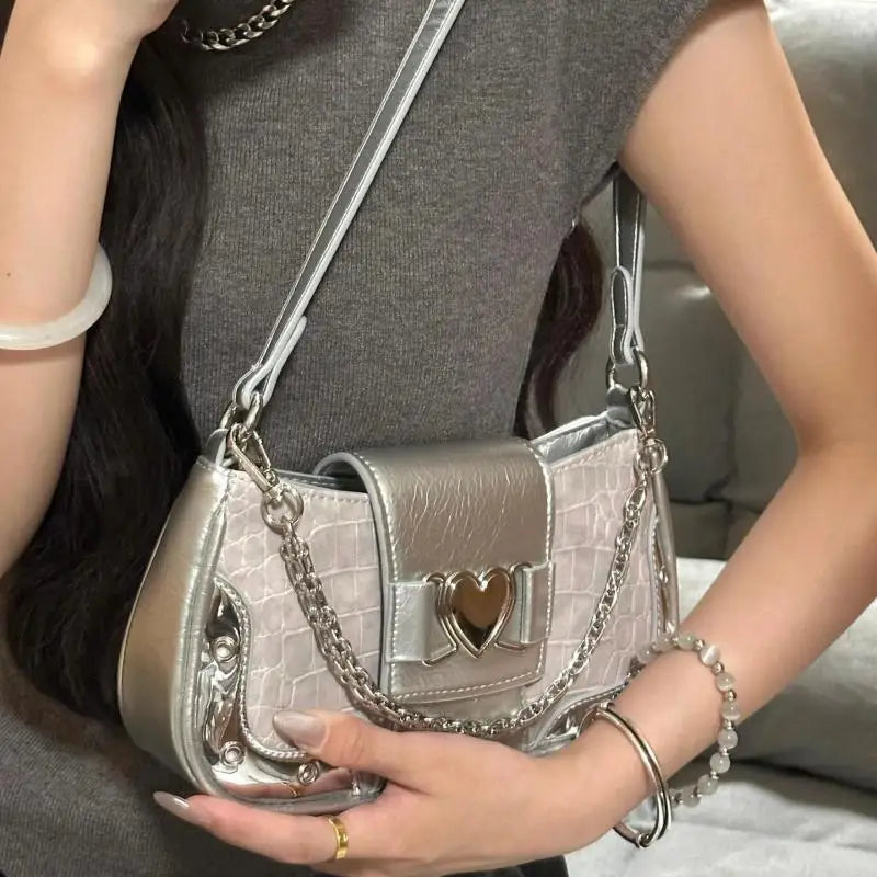 Bolsa Feminina Y2K Vintage com Corrente de Coração