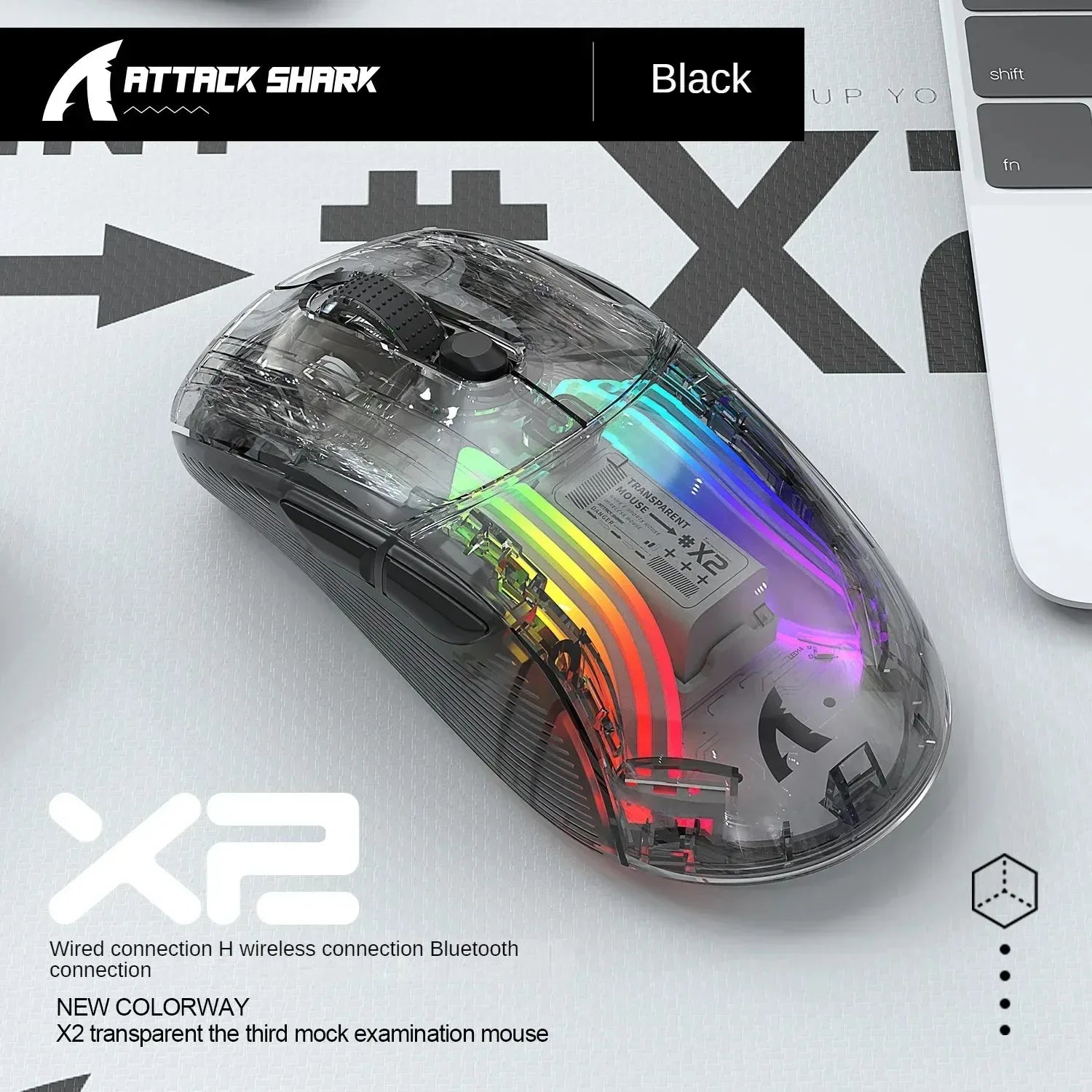 Mouse Attack Shark X2 Pro Tri-Mode Sem Fio Transparente