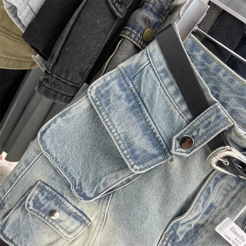 mini saia jeans retro azul bolsos fino ajuste envoltório