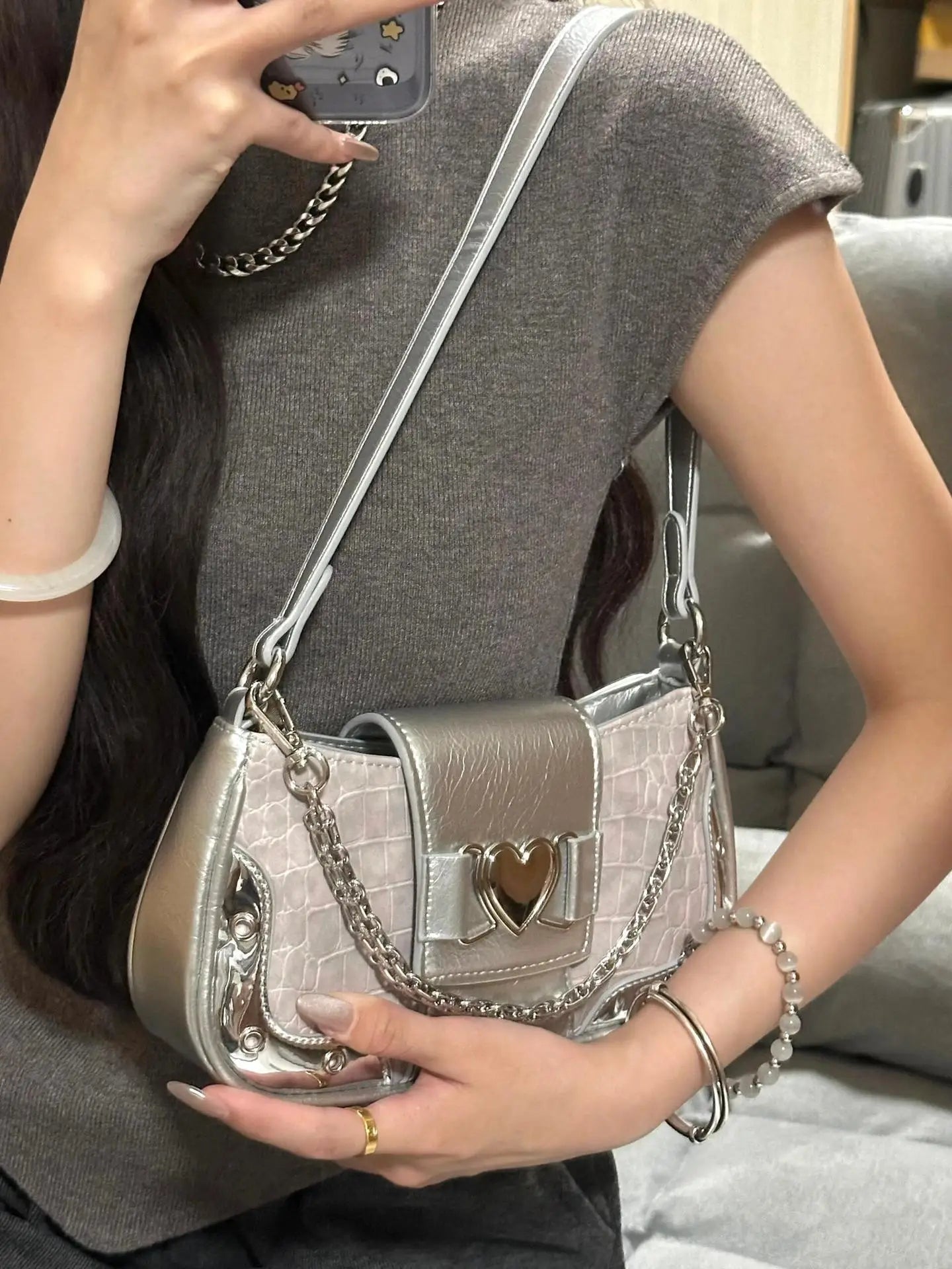 Bolsa Feminina Y2K Vintage com Corrente de Coração