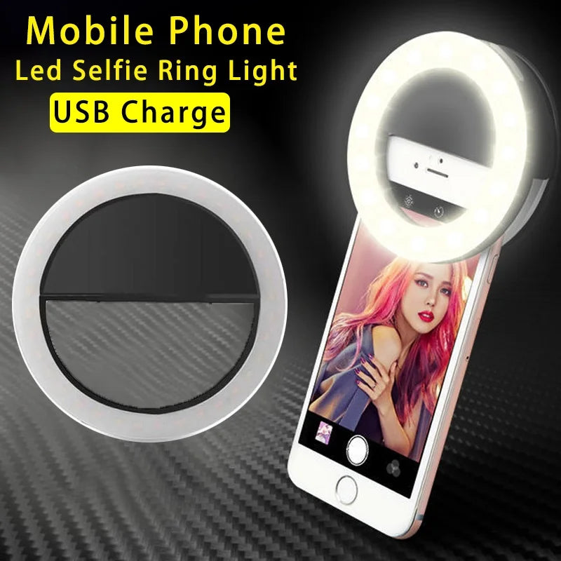 Anel de luz led carregamento usb telefone selfie luz mini clipe