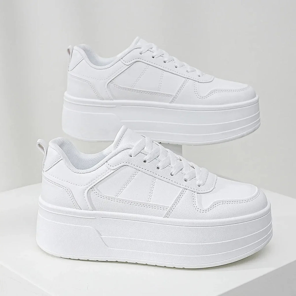 Tenis casual feminino de plataforma, branco, confortável e aumenta a altura em 5cm