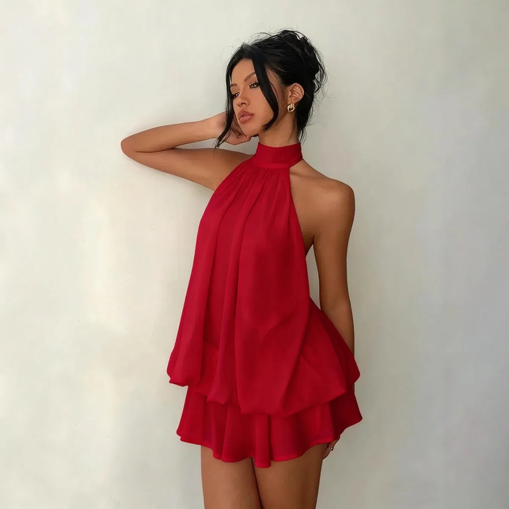 Vestido Feminino Halter Neck, Saia Mini de Chiffon Transparente com Amarração Frontal e Costas Abertas, Vestido de Festa de Aniversário Y2K Vintage Sexy e Moderno