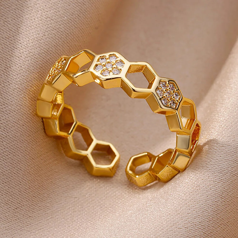 Anéis de cristal de aço inoxidável banhados a ouro para mulheres corrente geometria zircão anel de dedo jóias presente anillos mujer 2025 nova moda