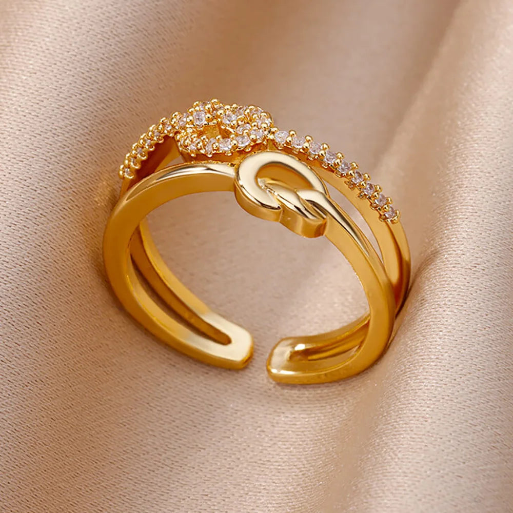 Anéis de cristal de aço inoxidável banhados a ouro para mulheres corrente geometria zircão anel de dedo jóias presente anillos mujer 2025 nova moda