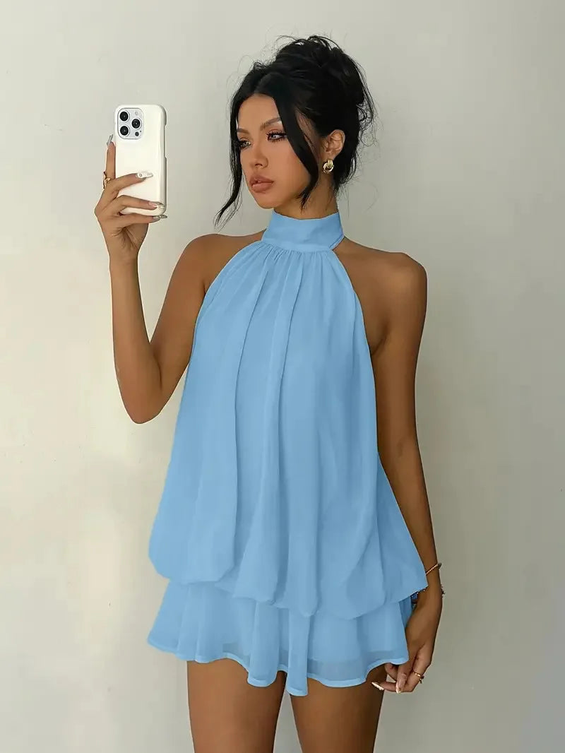 Vestido Feminino Halter Neck, Saia Mini de Chiffon Transparente com Amarração Frontal e Costas Abertas, Vestido de Festa de Aniversário Y2K Vintage Sexy e Moderno