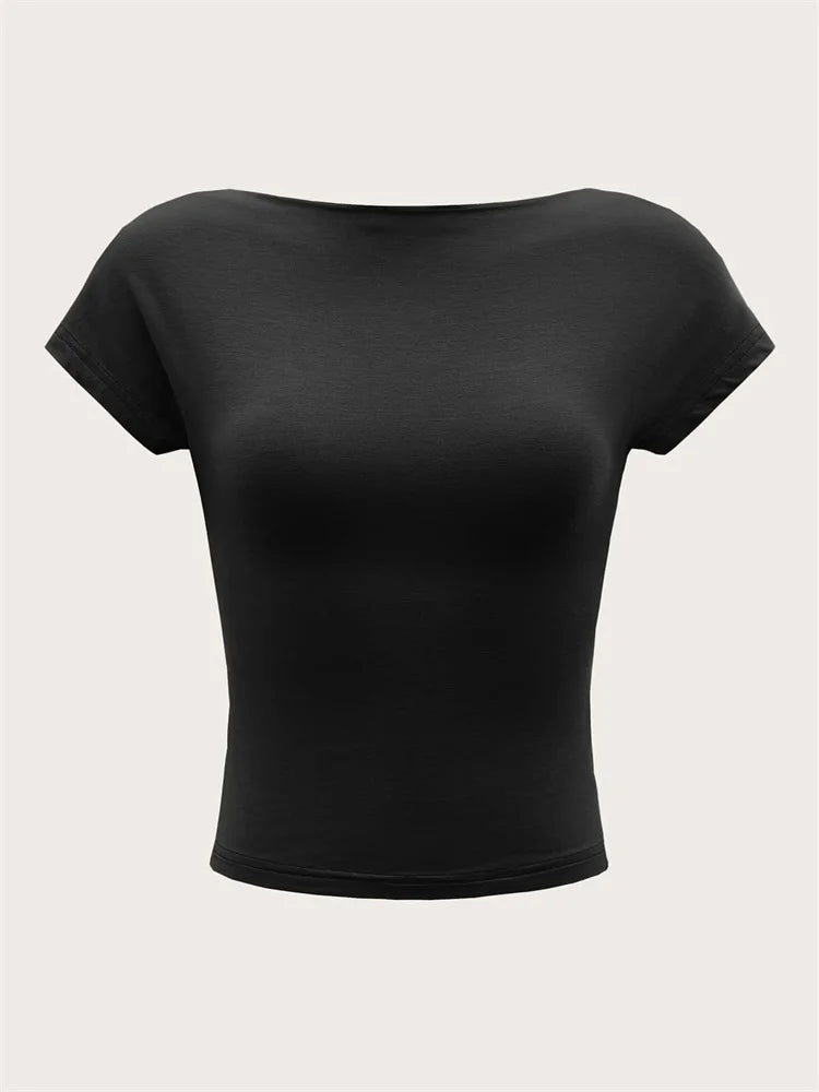 Camiseta feminina gola redonda sem costas manga curta