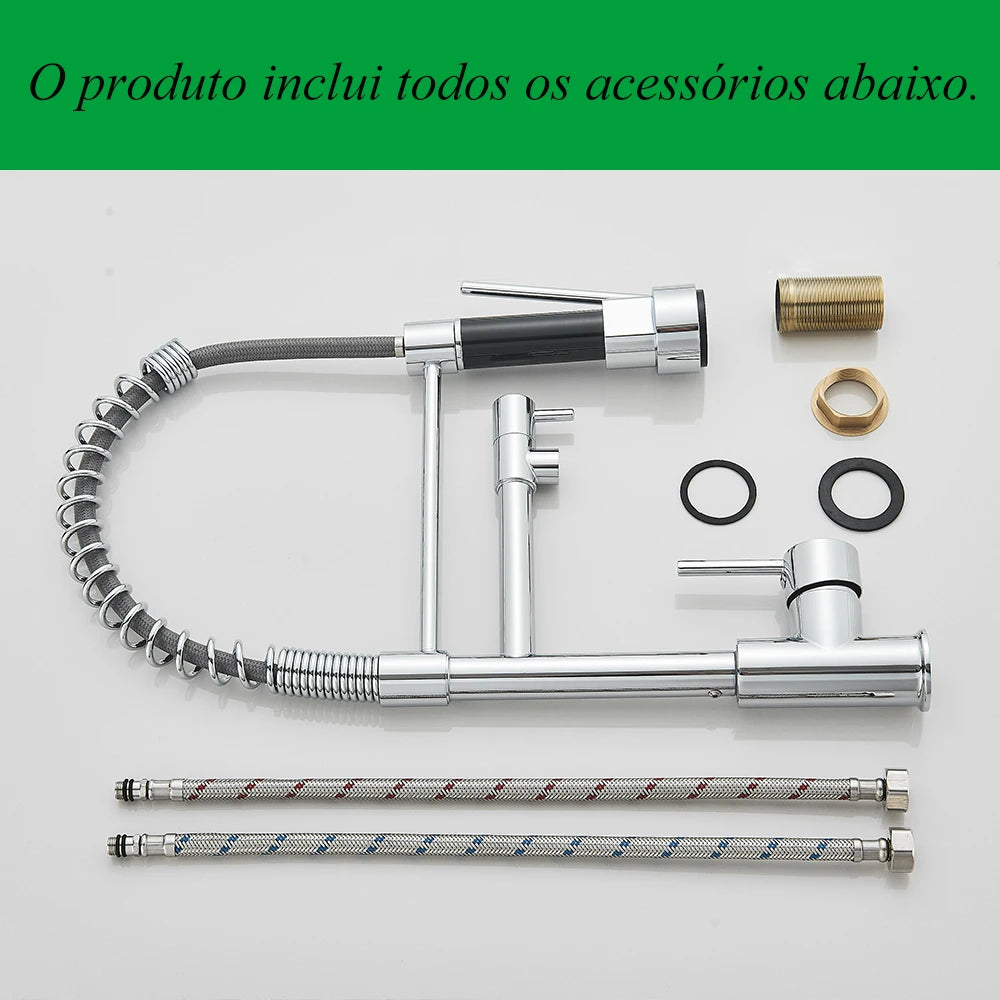 Torneira de cozinha cromada pull down, pia de cozinha, guindaste, bico giratório duplo, torneira misturadora de água quente e fria, instalação de deck