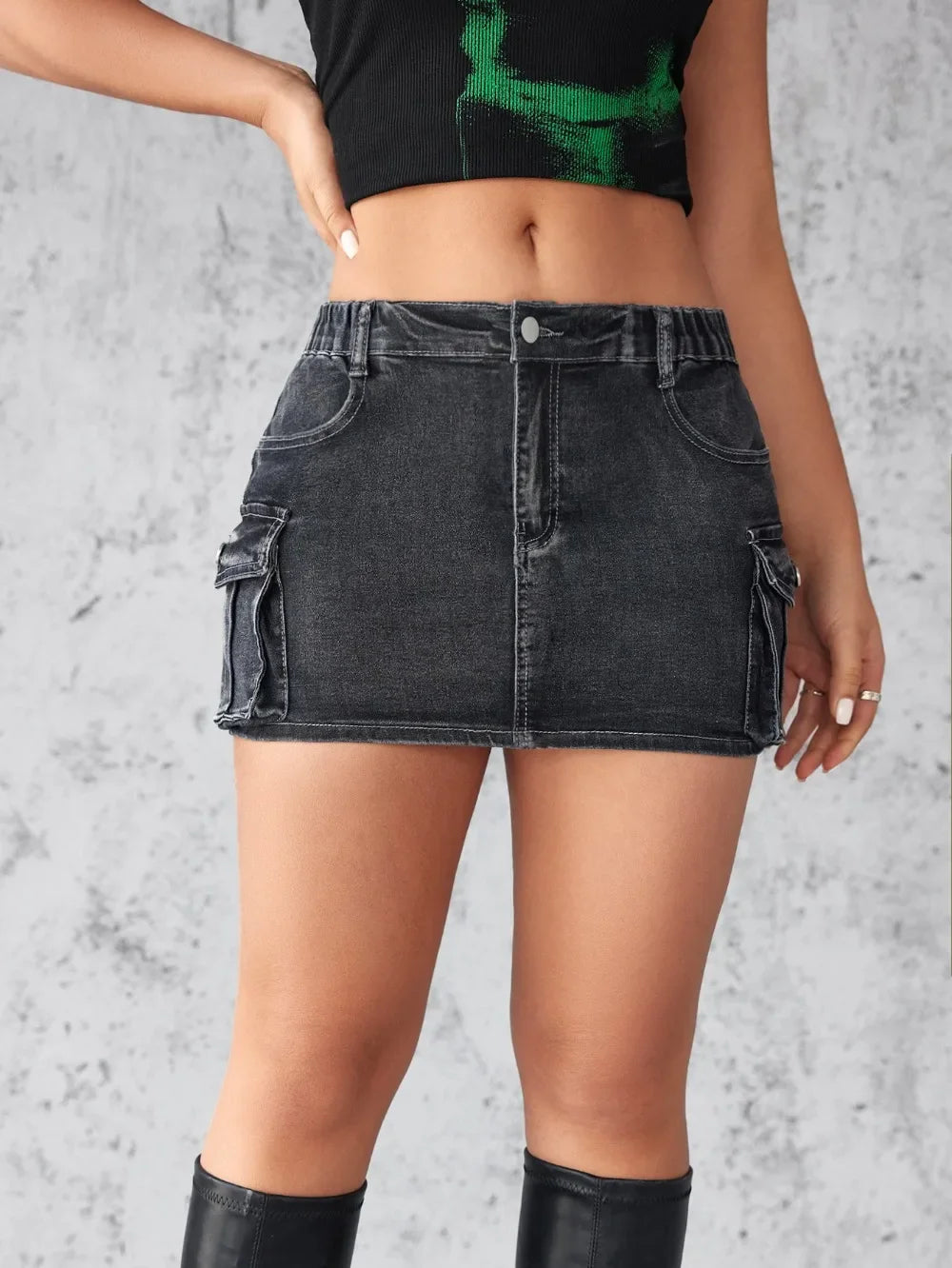 Saia curta jeans feminina, saia de carga