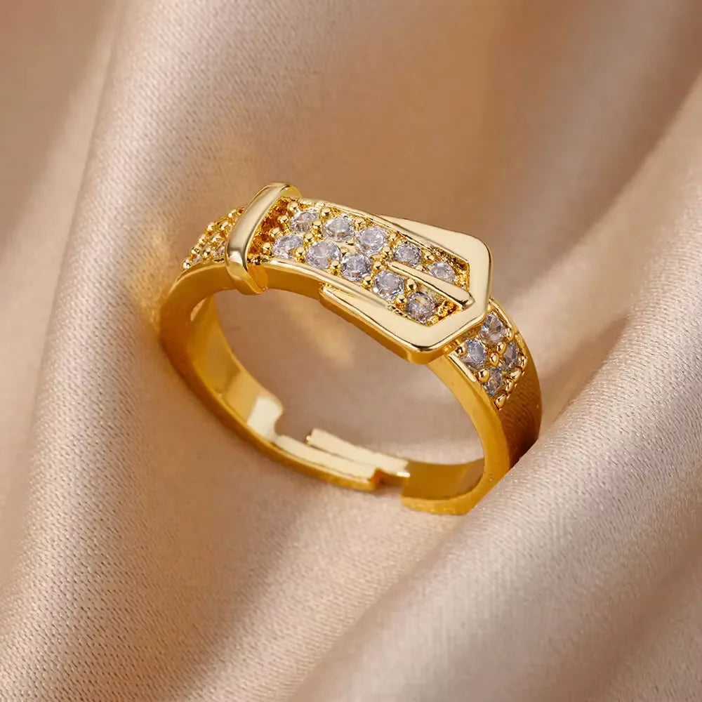 Anéis de cristal de aço inoxidável banhados a ouro para mulheres corrente geometria zircão anel de dedo jóias presente anillos mujer 2025 nova moda