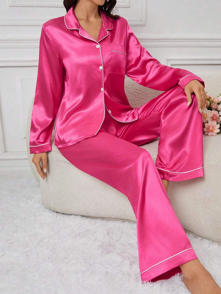Pijamas femininos simples cetim conjunto de pijama manga longa botões