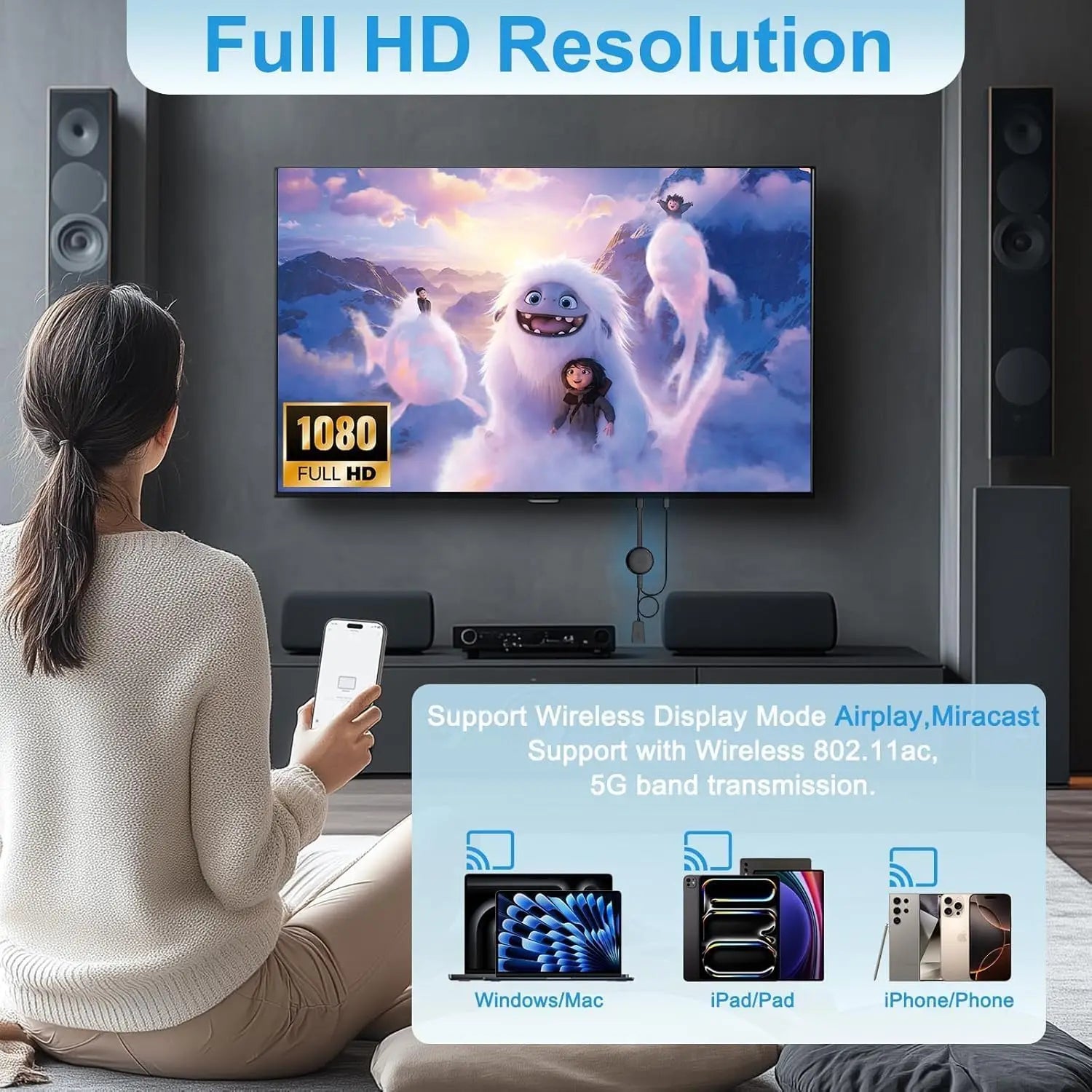 Dongle HDMI sem fio 4K 5G, extensor de espelhamento, transmite vídeo e áudio de iOS, Android, Windows e Mac para TV ou projetor, com suporte a Airplay.