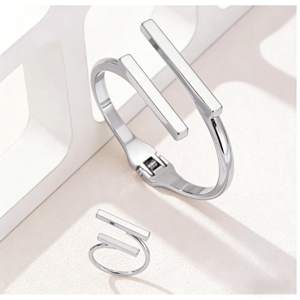2 pçs nova moda design simples geométrico aberto pulseira anel conjunto, tendência personalizada feminina acessórios de festa de férias presentes