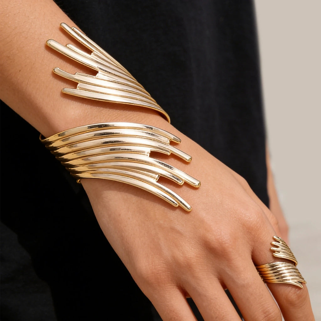 2 pçs nova moda design simples geométrico aberto pulseira anel conjunto, tendência personalizada feminina acessórios de festa de férias presentes
