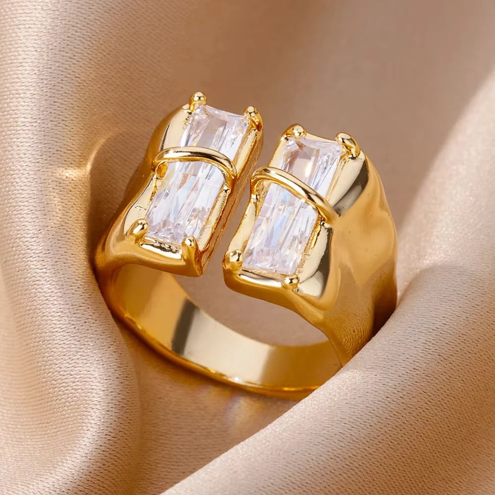 Anéis de cristal de aço inoxidável banhados a ouro para mulheres corrente geometria zircão anel de dedo jóias presente anillos mujer 2025 nova moda