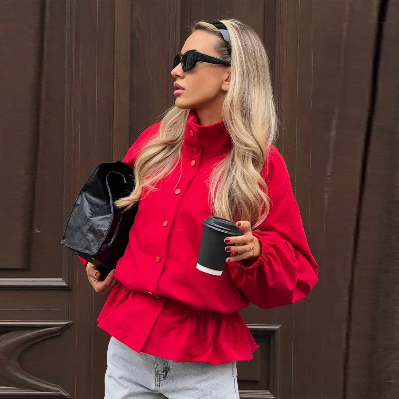 Conjunto de Duas Peças High Street: Jaqueta com Gola Alta e Botões,Calça Lisa com Cintura Elástica - Casual