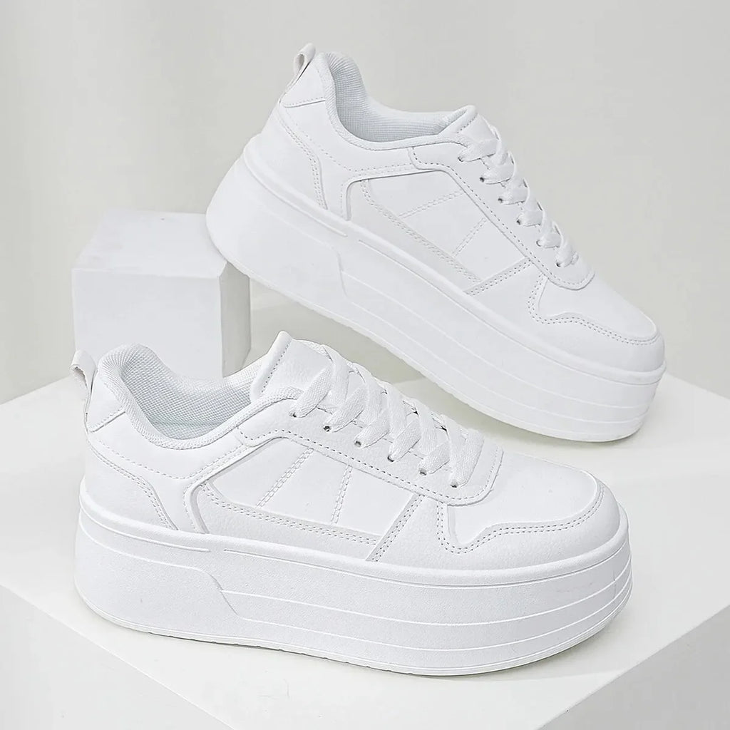Tenis casual feminino de plataforma, branco, confortável e aumenta a altura em 5cm