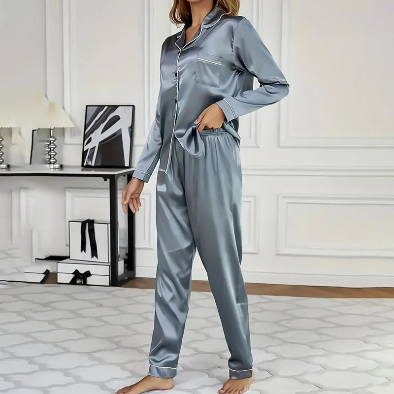 Pijamas femininos simples cetim conjunto de pijama manga longa botões