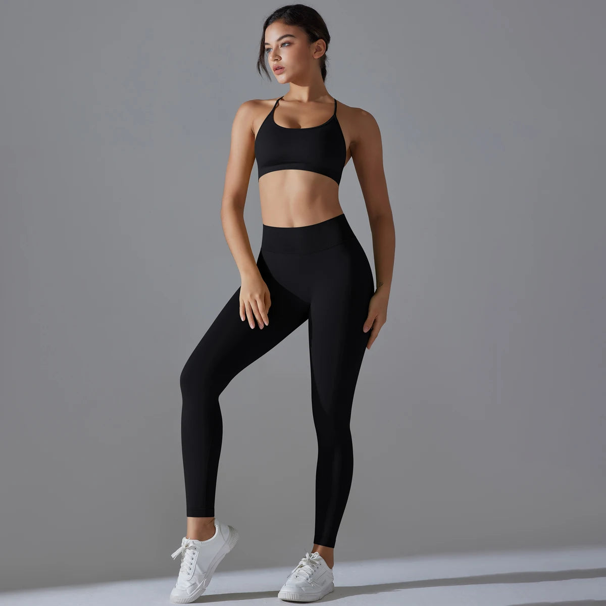 Conjunto fitness sem costura para mulheres top esportivo leggings