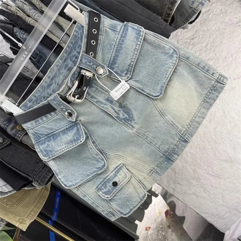 mini saia jeans retro azul bolsos fino ajuste envoltório