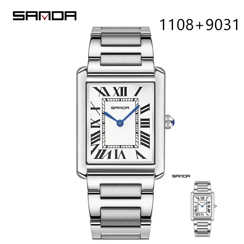Sanda 9031/1108 pulseira de couro resistente mostrador quadrado à prova d'água esporte casual feminino masculino relógios de quartzo reloj relógio de casal de luxo