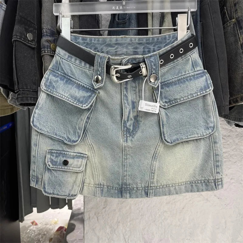 mini saia jeans retro azul bolsos fino ajuste envoltório