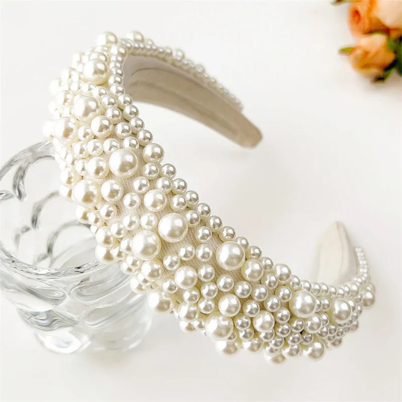 Tiara de Luxo Barroca para Mulheres, Acessório de Cabelo com Espuma Grossa e Pérolas
