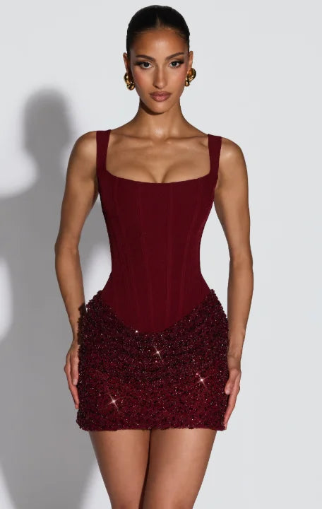 Sexy feminino magro plissado bodycon vestido de lantejoulas sem costas cinta espaguete mini vestidos de verão 2026 senhora noite boate vestido de festa