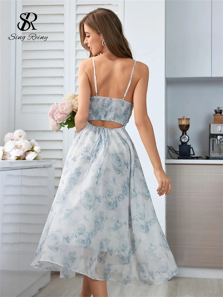 Singiny feminino floral cinta de espaguete vestido elástico ruched sexy oco sem costas vestido de festa verão boho férias praia vestido de verão