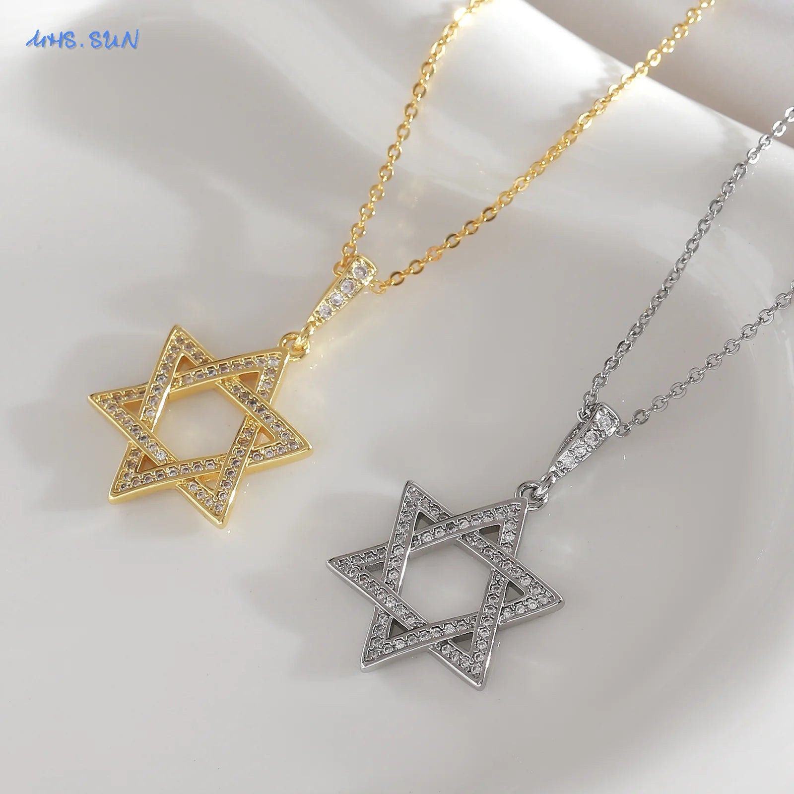 Colar simples estrela de david hexagrama pingente colares zircão cúbico ouro/prata