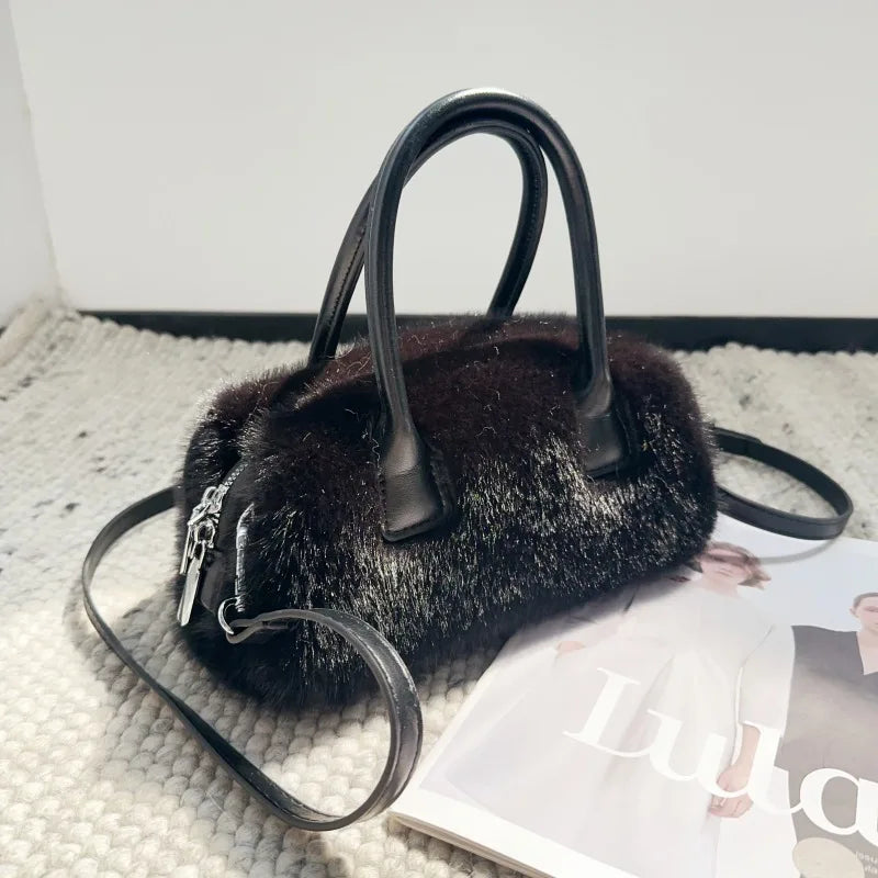 Bolsa design luxo macio pelúcia alça feminina