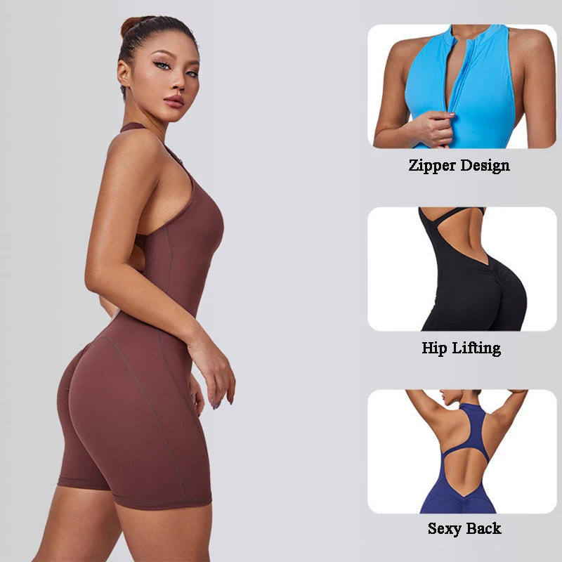 Macacão Esportivo Feminino com Costas V e Franzido, Sem Mangas, com Zíper, Peça Única para Academia, Fitness e Yoga