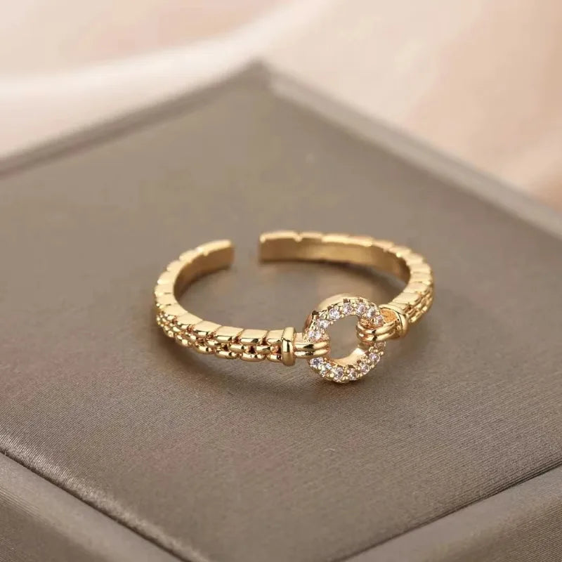Anéis de cristal de aço inoxidável banhados a ouro para mulheres corrente geometria zircão anel de dedo jóias presente anillos mujer 2025 nova moda