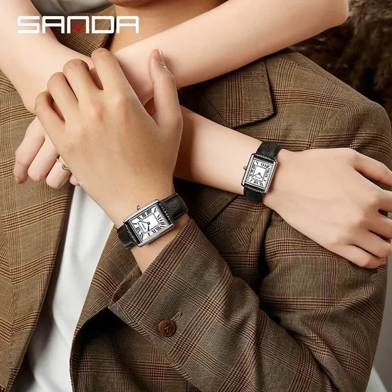 Sanda 9031/1108 pulseira de couro resistente mostrador quadrado à prova d'água esporte casual feminino masculino relógios de quartzo reloj relógio de casal de luxo