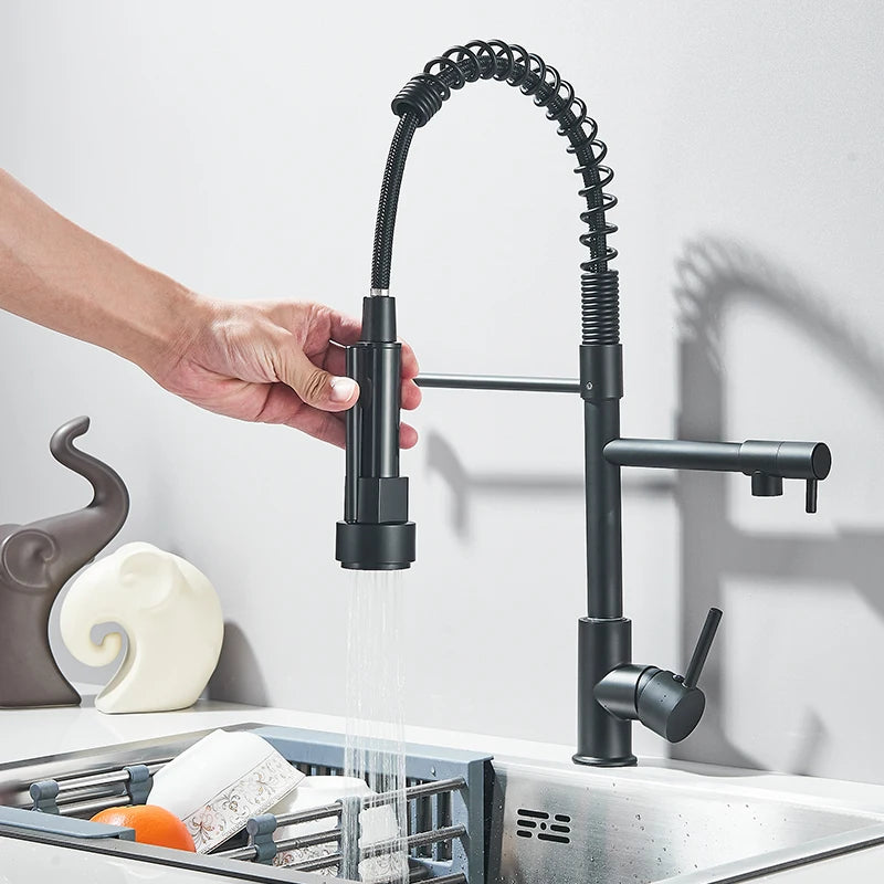 Torneira de cozinha cromada pull down, pia de cozinha, guindaste, bico giratório duplo, torneira misturadora de água quente e fria, instalação de deck